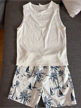 White Sleeveless Tank with Tropical Print Shorts